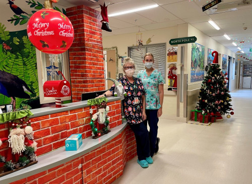 Registered Nurses, Kim Green (L) and Maura Steens stand proudly at Whakatāne Hospital reception.