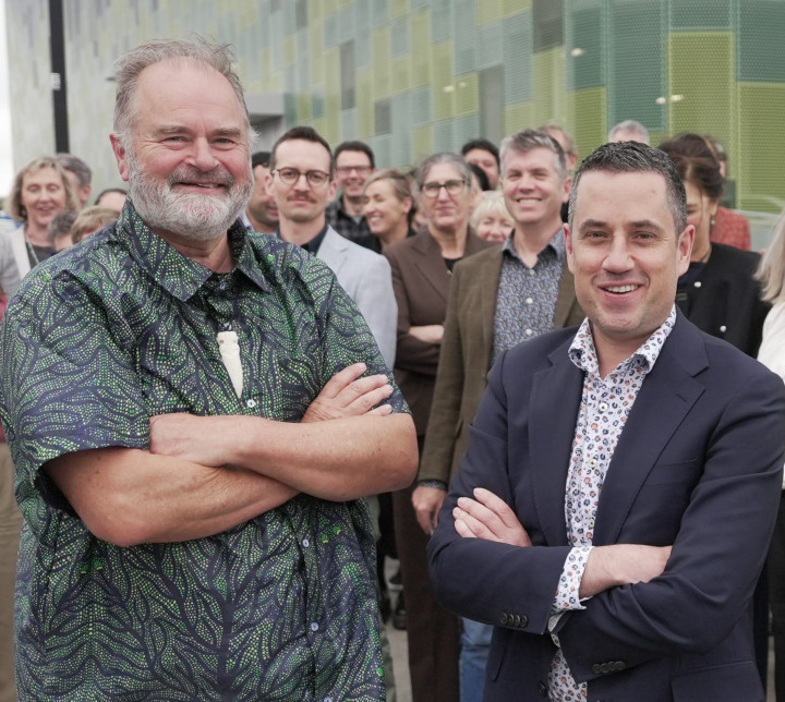 Diabetes co-leads Rawiri McKree Jansen (Ngāti Raukawa, Ngāti Hinerangi) and Ryan Paul (Ngāti Maru, Hauraki) seen here with other co-leads and members of the networks oversight group and project support team.