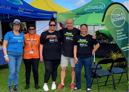 The Tai Tokerau Screening team providers photographed at the A&P Show.  Team members (left to right) are Louisa Kingi, Annette Te Hira, Vicky Maihi, Stuart Selkirk and Tina Quitta.